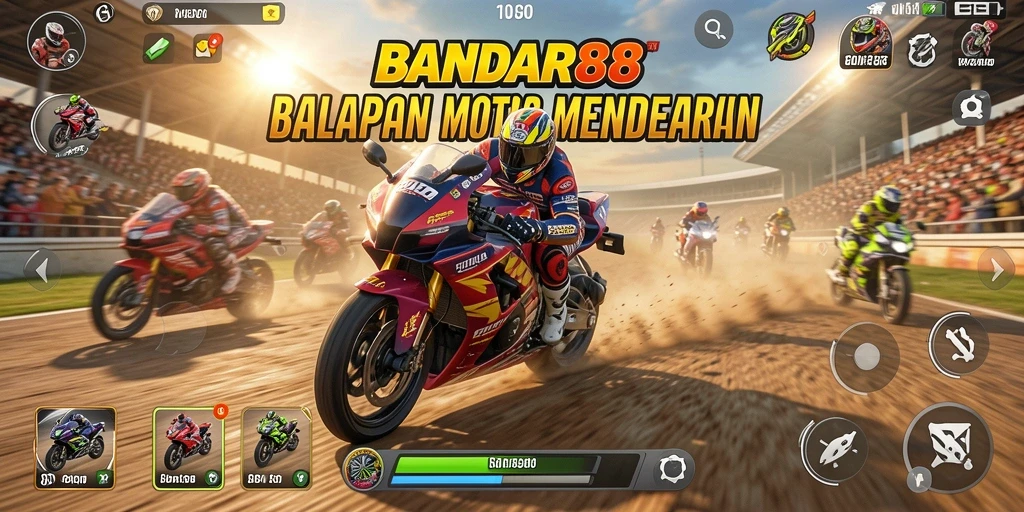 Tampilan gameplay mendebarkan dari BANDAR88 dengan balapan motor yang seru.
