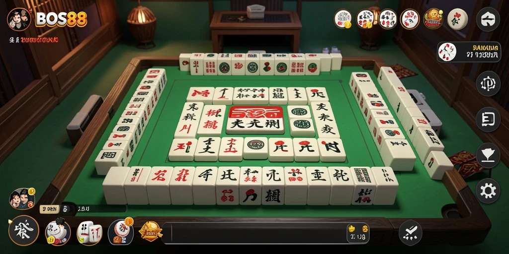 Tangkapan layar permainan BOS88 yang menunjukkan aksi permainan Mahjong yang seru.