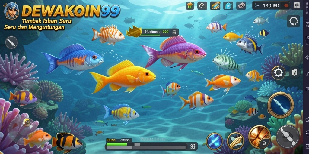 Tampilan gameplay seru dalam DEWAKOIN99 dengan penembakan ikan.