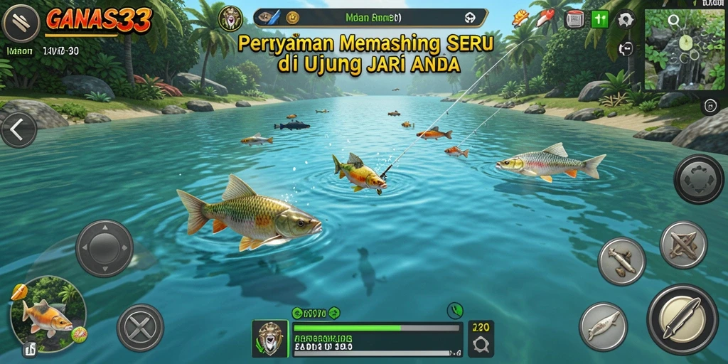 Screenshot GANAS33 menampilkan pengguna yang sedang memancing dengan latar belakang yang indah.