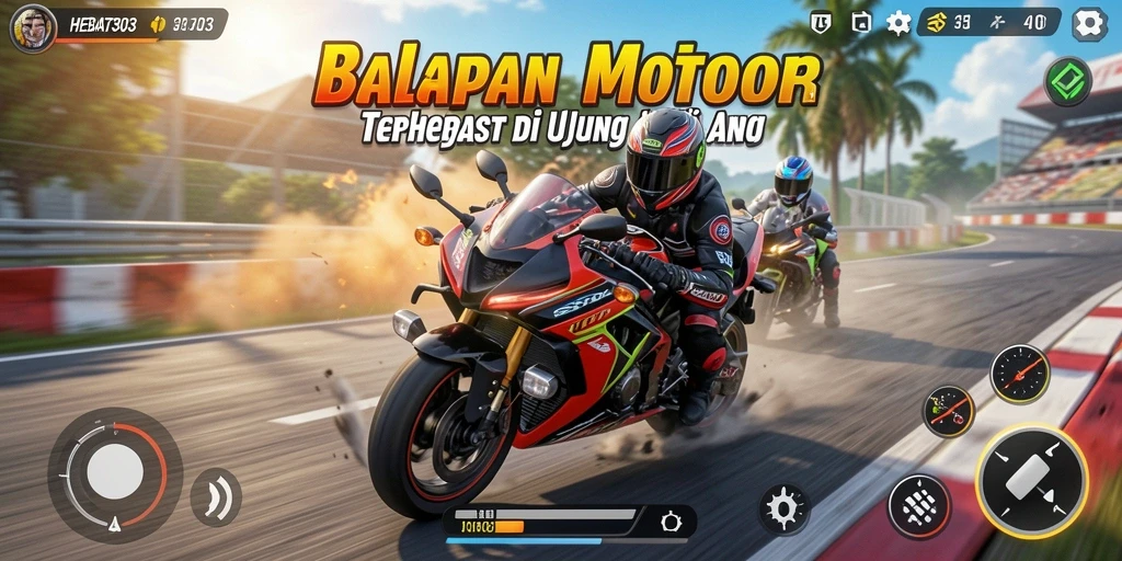 Tangkapan layar utama HEBAT303 menampilkan aksi balapan motor yang mendebarkan.