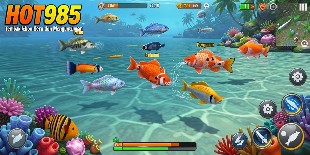 Tampilan antarmuka pengguna HOT985 dengan gameplay Tembak Ikan yang seru.