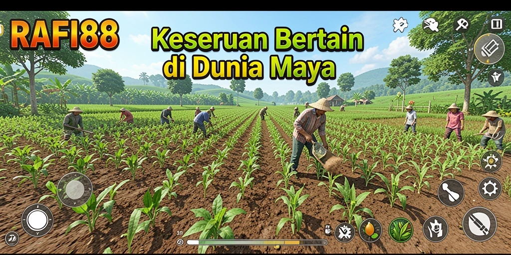 Screenshot gameplay RAFI88 menampilkan ladang yang subur dan aktivitas pertanian yang menarik.