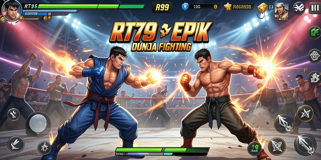 Screenshot utama RT99 menampilkan aksi pertarungan seru antara karakter-karakter unik.