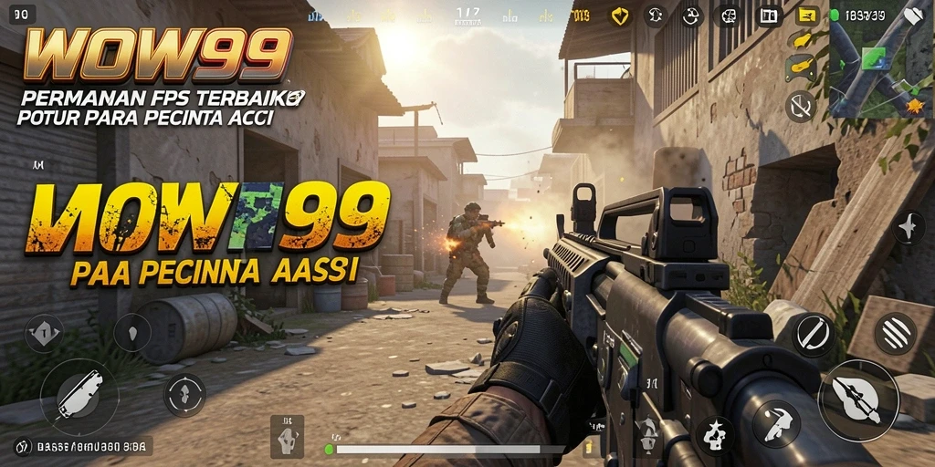 Tangkapan layar WOW99 menampilkan aksi intens di medan perang FPS.